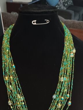 Multistrand Green and Gold Beaded Necklace - Elegant Women Jewelry